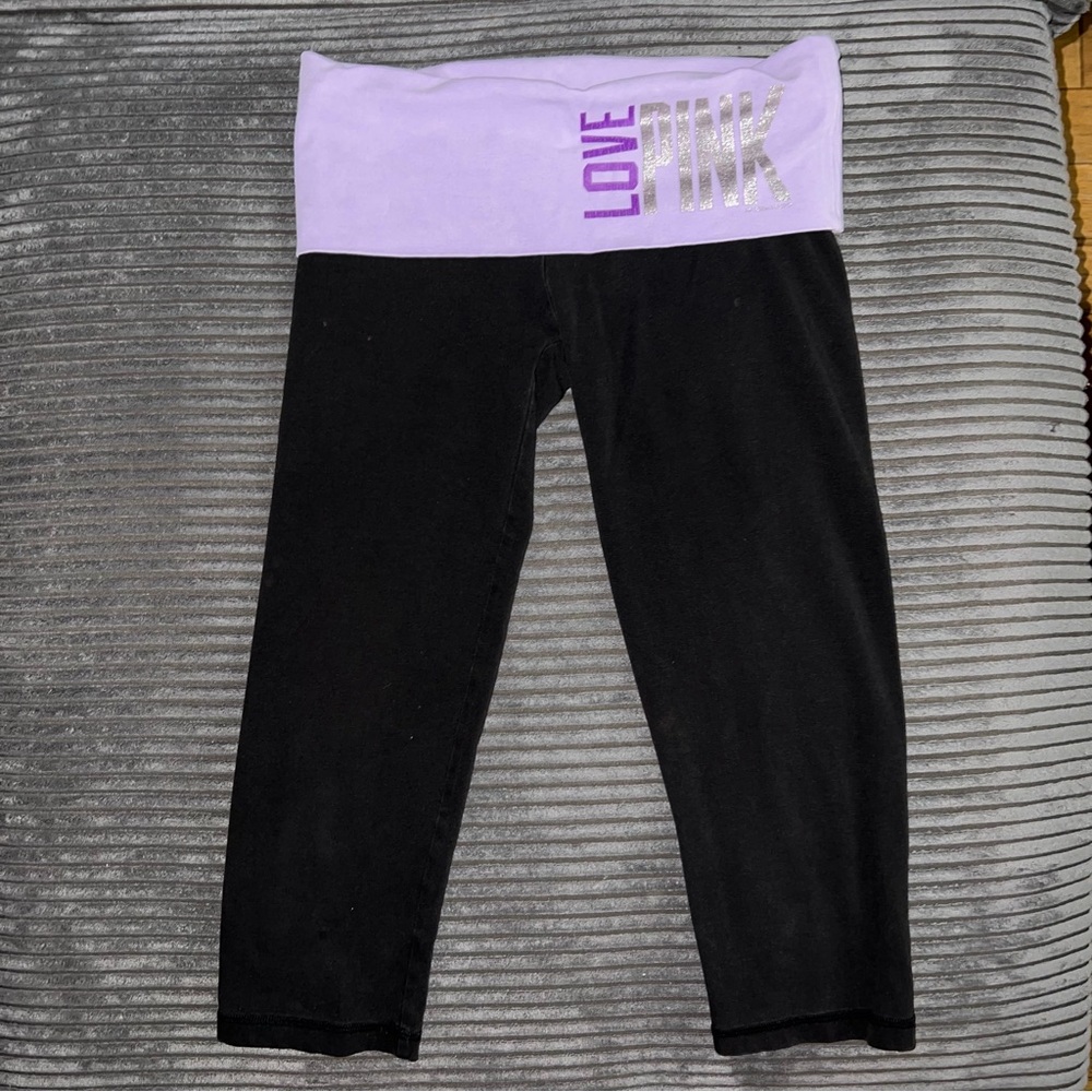 Y2K Victoria’s Secret PINK Cropped Leggings Black w/Purple Foldover Waist XS
